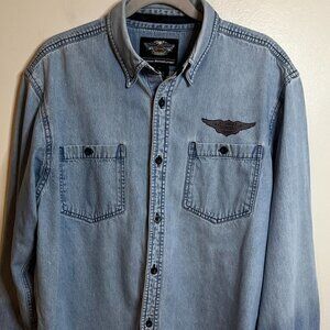 Harley Davidson Motorcycle Spellout Denim Button Front Jean Shirt Size L